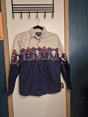 Panhandle Boy's Navy Aztec Border Print Snap Up Shirt